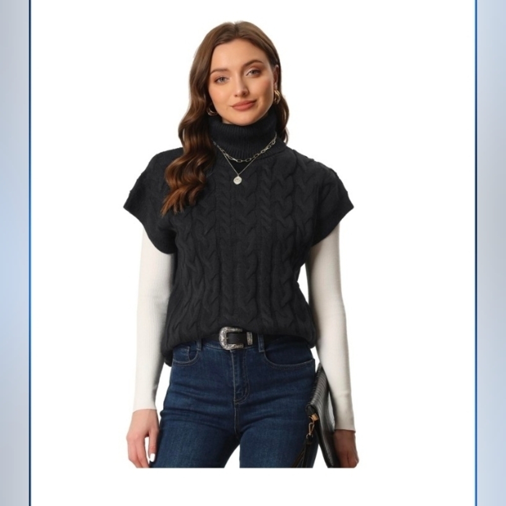 Allegra K Women's Sweater Solid Color Turtleneck Vest Cap Sleeve Pullover Cable